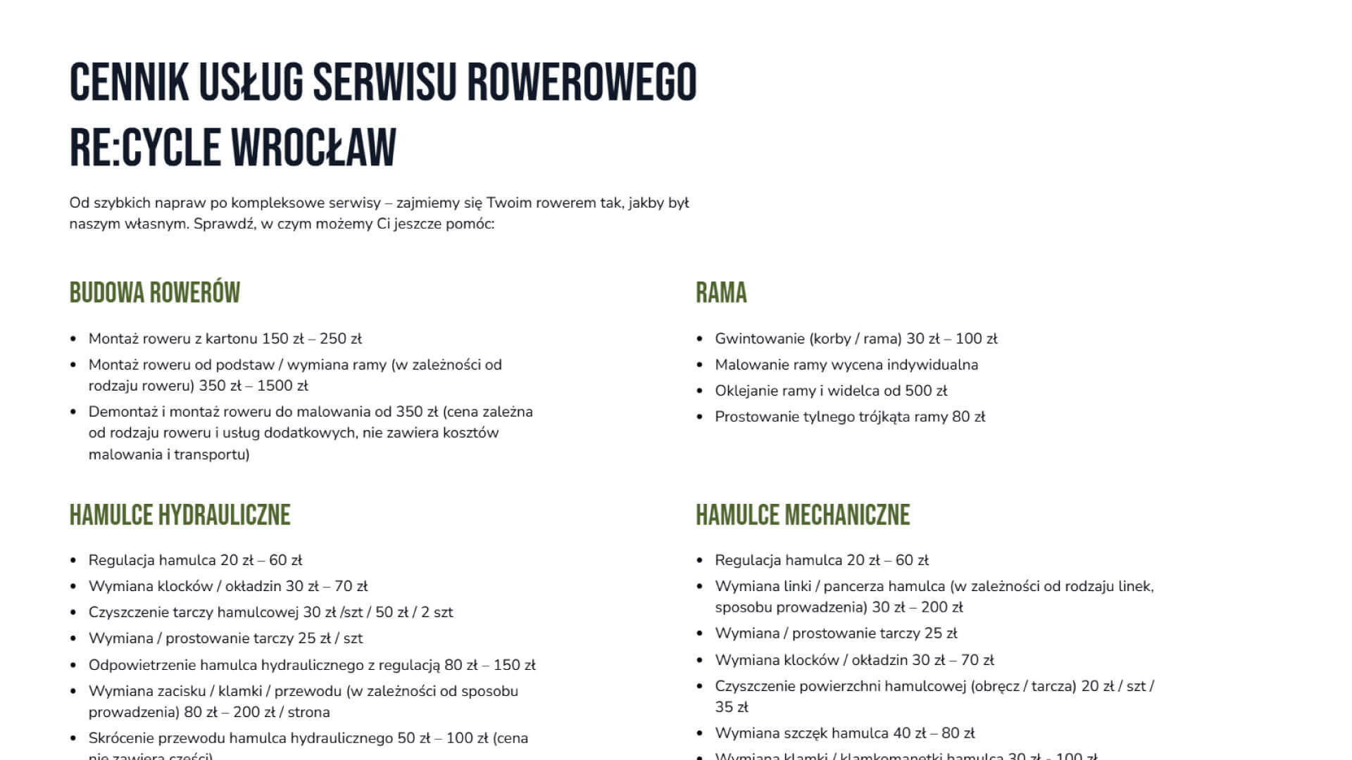 nowoczesna strona RE:CYCLE cennik