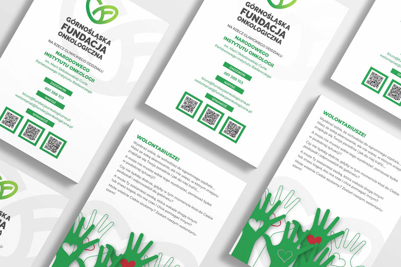 Ulotka A5 dla Górnośląskiej Fundacji Onkologicznej, zaprojektowana jako część materiałów marketingowych GFO. Minimalistyczny układ i mocne CTA wzmacniają przekaz.