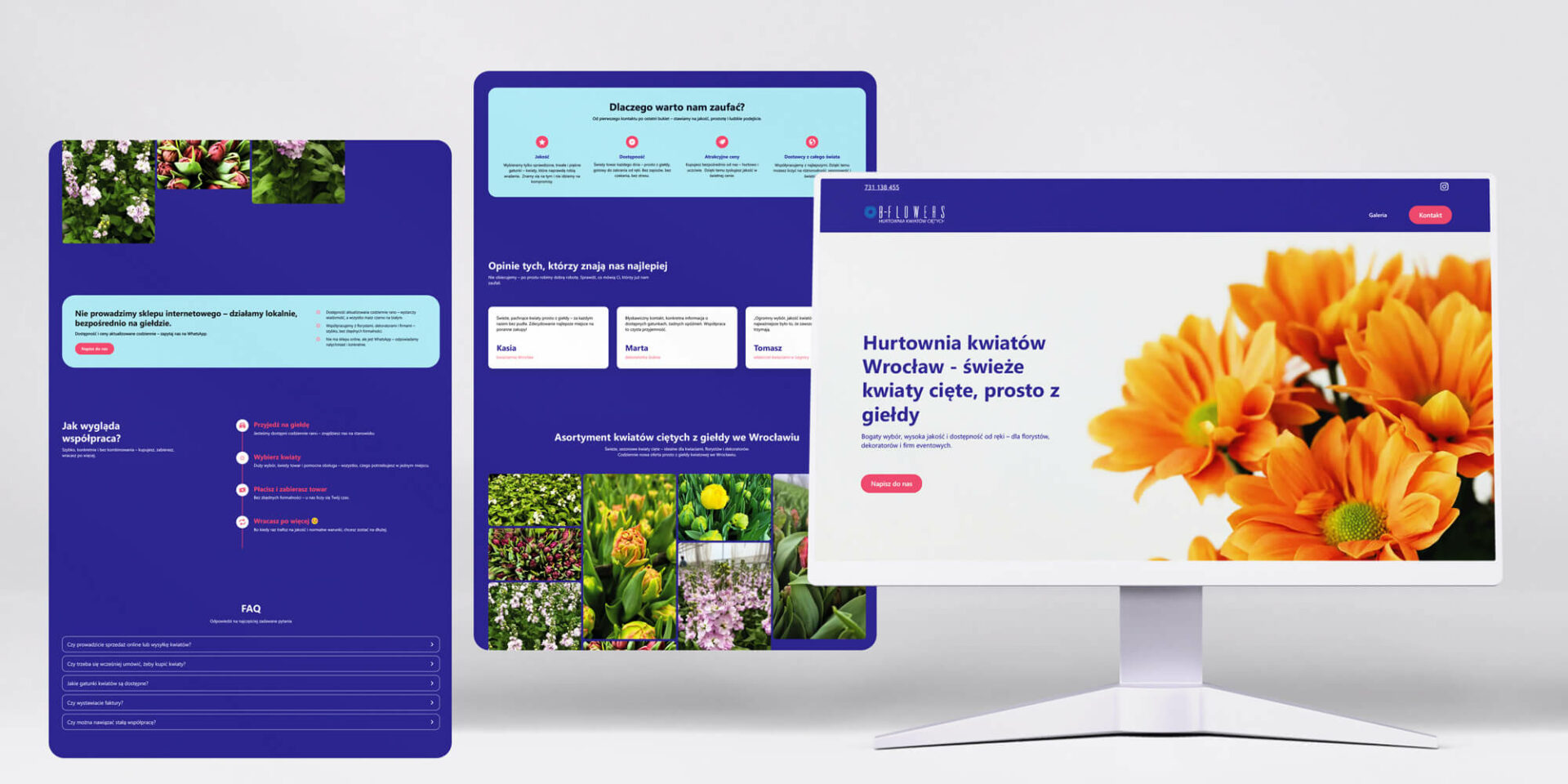 Przykład strony wizytówki dla lokalnej kwiaciarni: czytelna oferta, galeria realizacji i mapa dojazdu z danymi kontaktowymi.