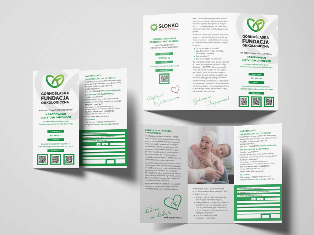 Ulotka informacyjna GFO zachęcająca do przekazania 1% podatku. Czytelny układ treści i dopasowana stylistyka wspierają komunikację fundacji.