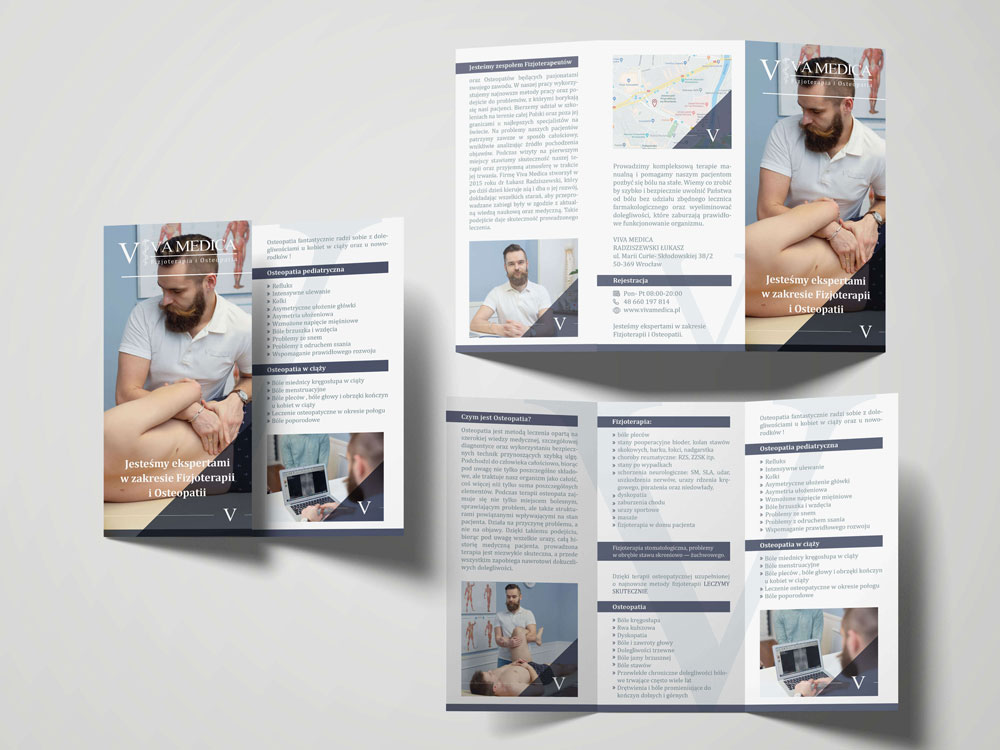 Ulotka informacyjna prezentująca usługi medyczne Viva Medica, przygotowana jako część materiałów reklamowych.