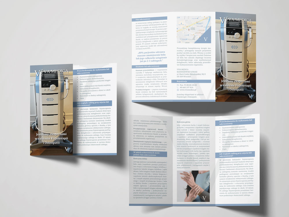 Ulotka dotycząca terapii falą uderzeniową w Viva Medica — projekt materiałów reklamowych.