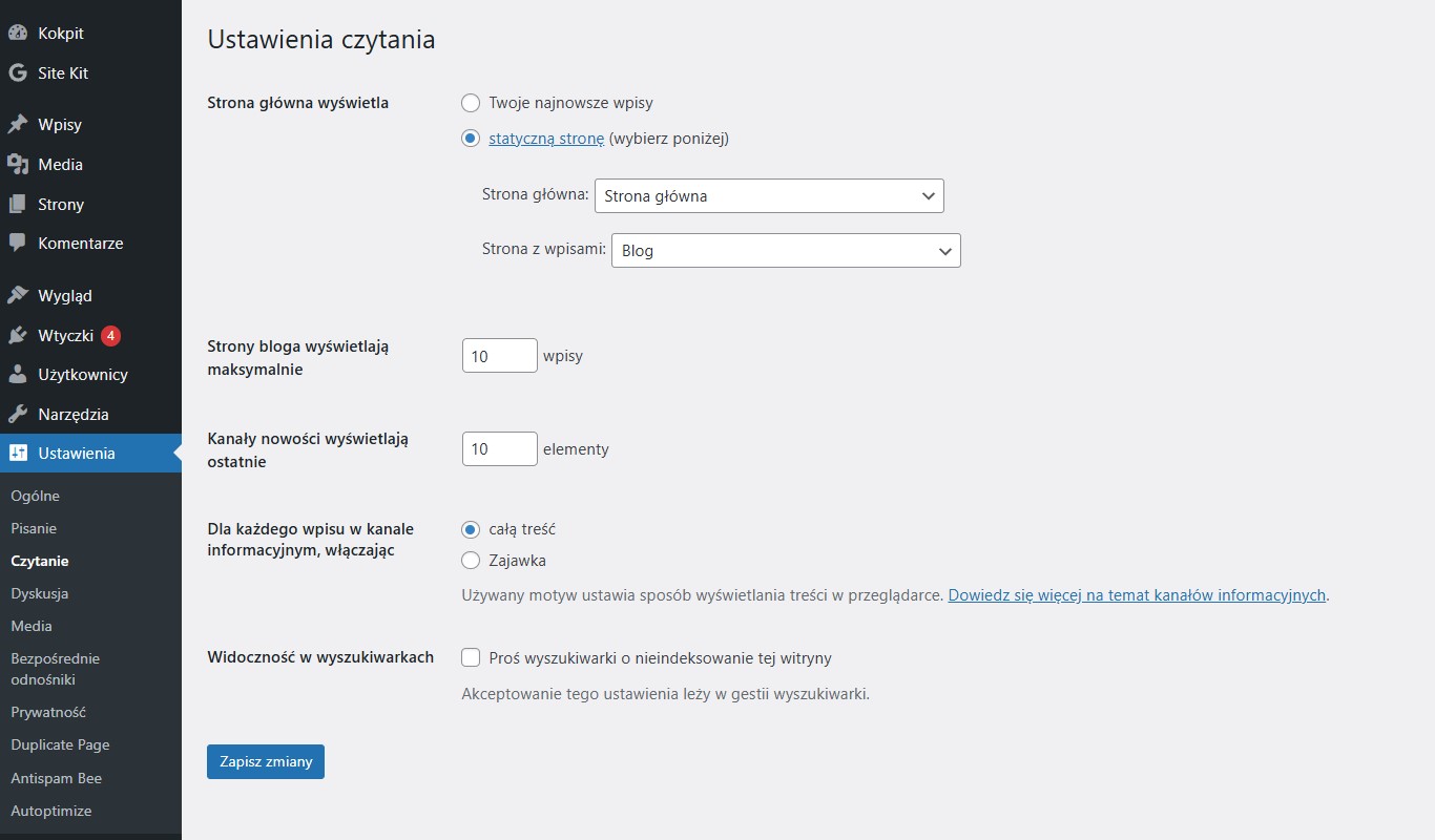 Jak ustawić stronę główną WordPress w Ustawieniach - Czytanie