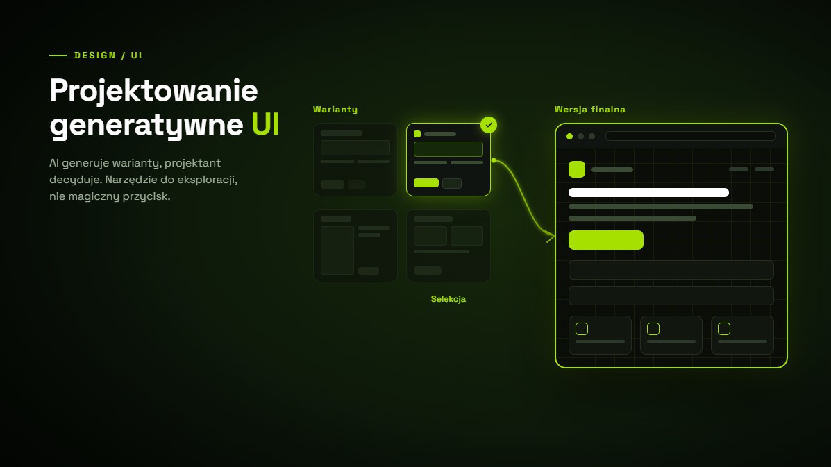 Projektowanie generatywne UI: AI generuje wiele wariantów interfejsu, projektant wybiera i dopracowuje najlepszy.