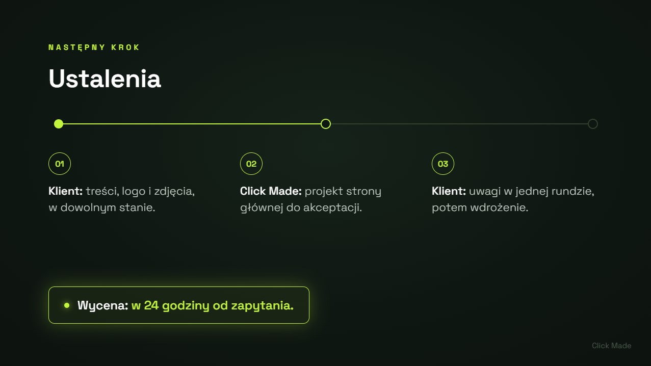 statni slajd prezentacji sprzedażowej z następnym krokiem, terminem i osobą odpowiedzialną, projekt Click Made”
Podpis: Slajd 9, następny krok. Kto, co i do kiedy. Ten slajd zostaje na ekranie, gdy zaczyna się rozmowa o terminach.
