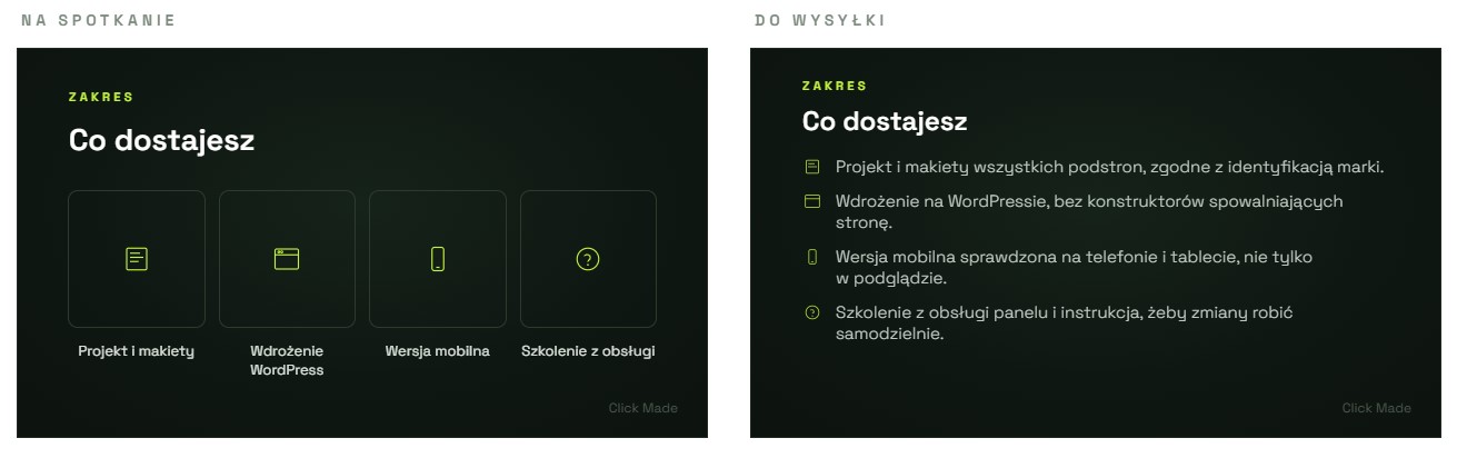 Ten sam slajd prezentacji sprzedażowej w wersji do omawiania na żywo i w wersji PDF do wysyłki, porównanie ilości tekstu